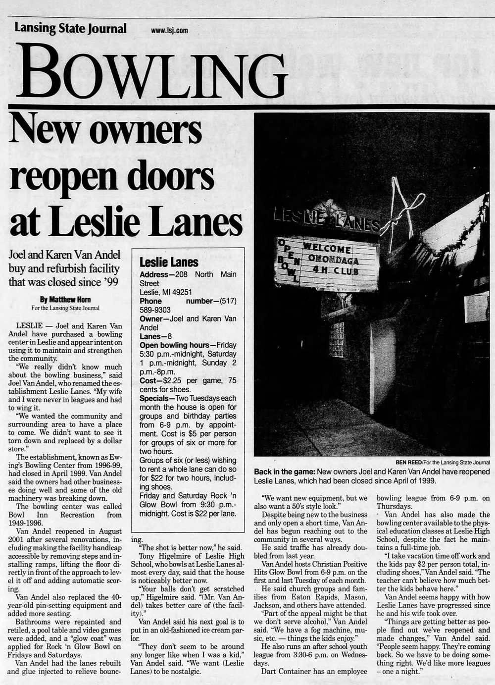 Leslie Lanes - Jan 2002 Article On Re-Opening